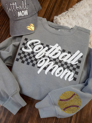 Softball Mom Puff and Rhinestone Dyed Gray Crewneck Sweatshirt