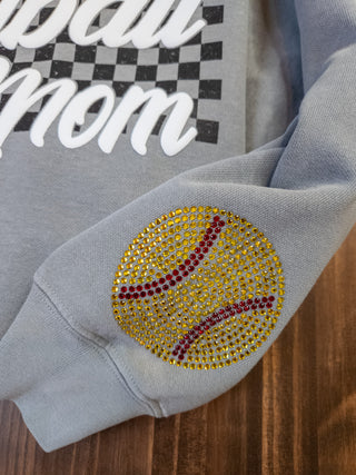 Softball Mom Puff and Rhinestone Dyed Gray Crewneck Sweatshirt