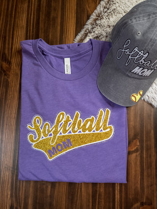 Softball Mom Rhinestone Tee - Heather Purple with Gold Sparkle