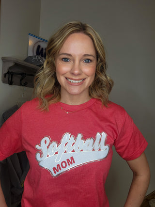 Softball Mom Rhinestone Tee - Heather Red