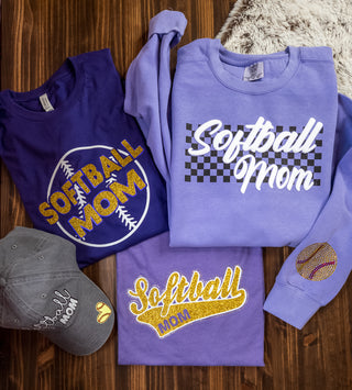 Softball Mom Rhinestone Tee - Heather Purple with Gold Sparkle