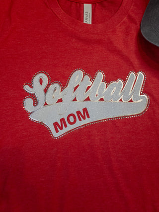 Softball Mom Rhinestone Tee - Heather Red