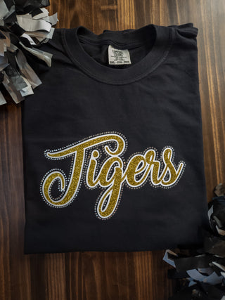 Tigers Rhinestone Black Dyed Tee - Gold