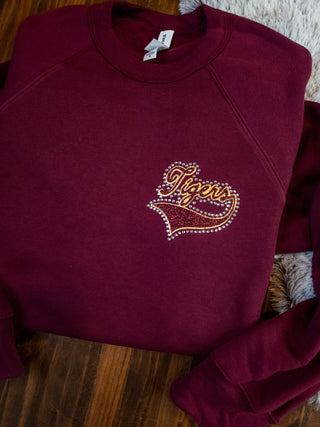 Tigers Rhinestone Maroon Sponge Fleece Crewneck Sweatshirt