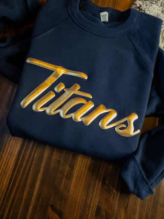 Titans Gold Metallic Puff Navy Crewneck Sweatshirt