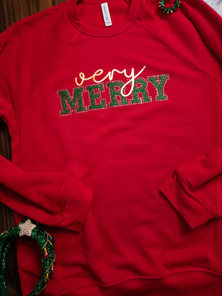 Very Merry Rhinestone Red Sponge Fleece Crewneck Sweatshirt