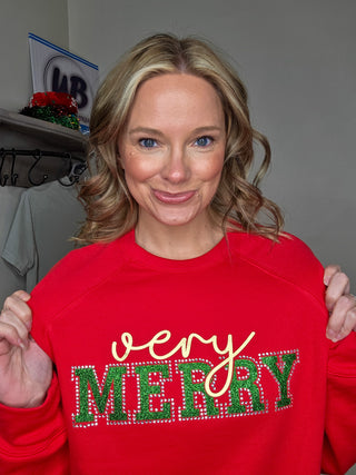 Very Merry Rhinestone Red Sponge Fleece Crewneck Sweatshirt