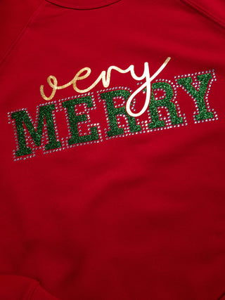 Very Merry Rhinestone Red Sponge Fleece Crewneck Sweatshirt