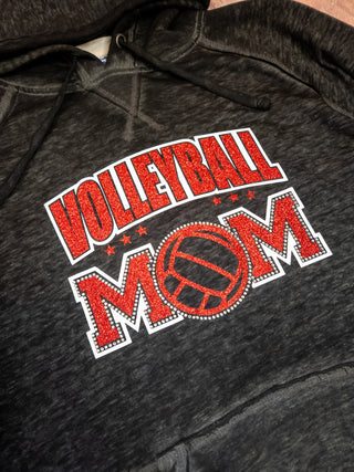 Volleyball Mom Rhinestone Fleece Hoodie - Black, Red, White