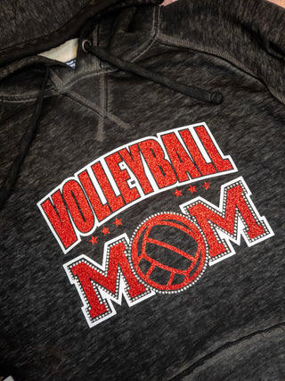 Volleyball Mom Rhinestone Fleece Hoodie - Black, Red, White