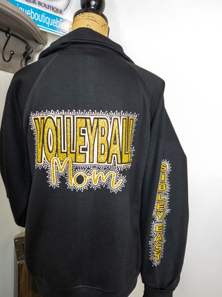 Sibley East Volleyball Mom Rhinestone Black Half Zip Pullover - Ladies Fit