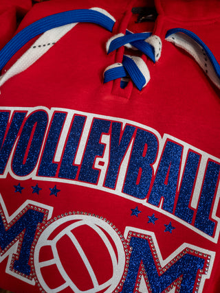 Volleyball Mom Rhinestone Red Lace-Up Hoodie