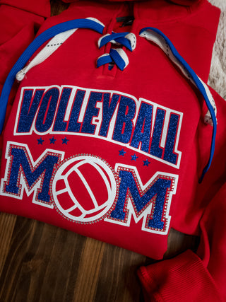 Volleyball Mom Rhinestone Red Lace-Up Hoodie