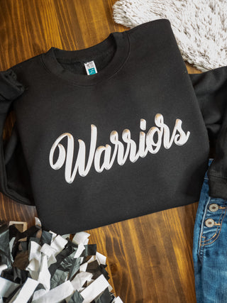Warriors Silver Metallic Puff Black Plush Crewneck Sweatshirt
