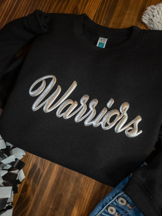 Warriors Silver Metallic Puff Black Plush Crewneck Sweatshirt