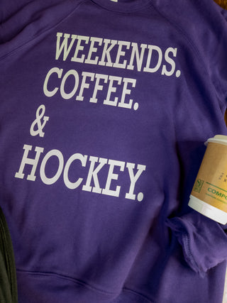 Weekends Caffeine & Hockey Purple Crewneck Sweatshirt