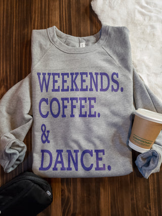 Weekends Coffee & Dance Athletic Gray Crewneck Sweatshirt - Purple Print