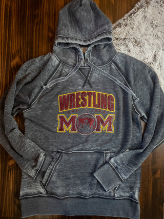 Wrestling Mom Rhinestone Dark Gray Fleece Hoodie - Maroon/Gold