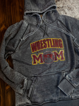 Wrestling Mom Rhinestone Dark Gray Fleece Hoodie - Maroon/Gold