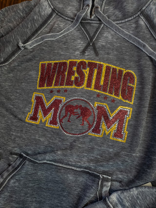 Wrestling Mom Rhinestone Dark Gray Fleece Hoodie - Maroon/Gold