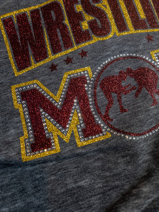Wrestling Mom Rhinestone Dark Gray Fleece Hoodie - Maroon/Gold