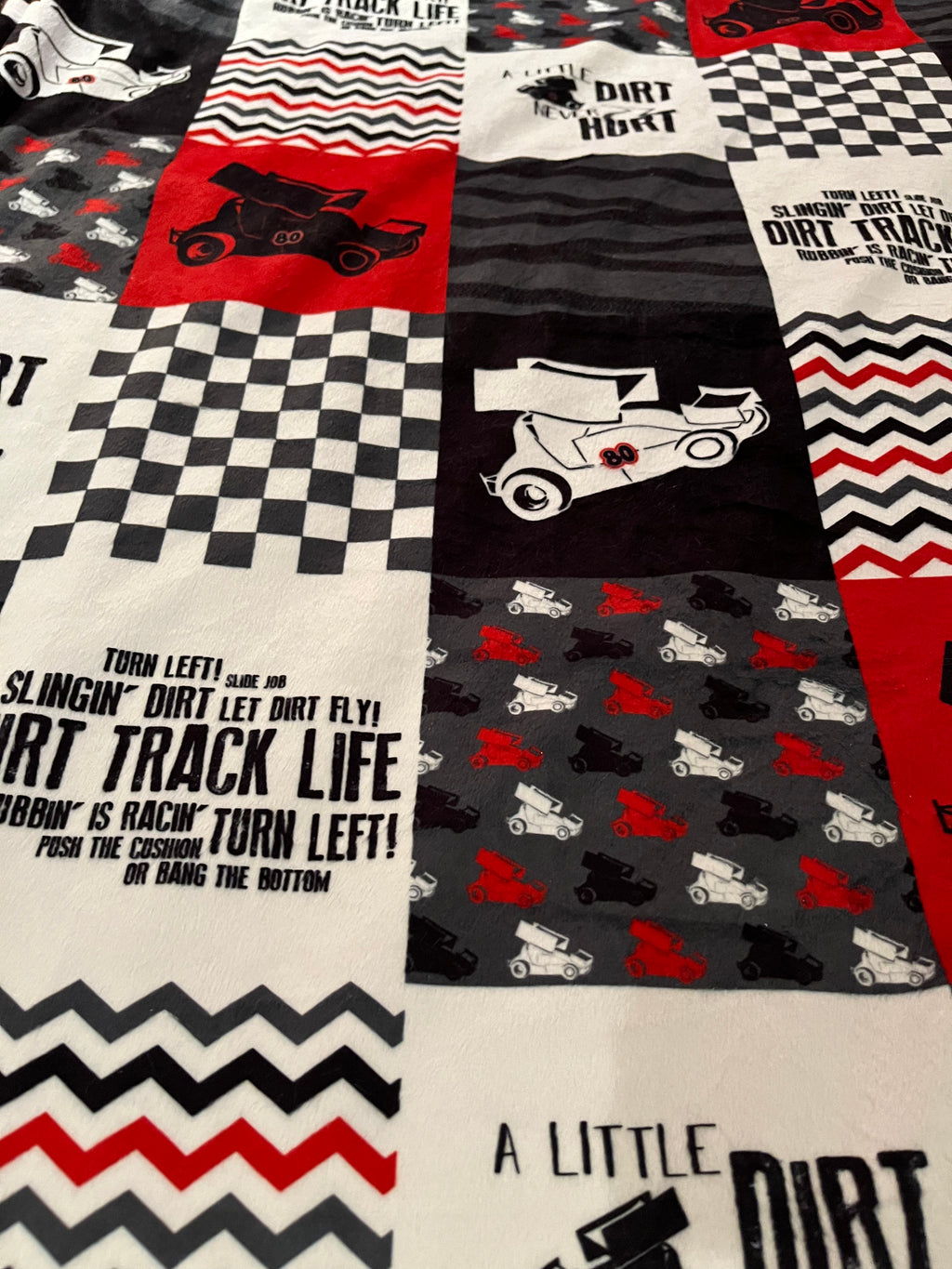 Sprint Cars & Dirt Never Hurt on Red Quilt Blocks Minky Blanket **Ready to Ship