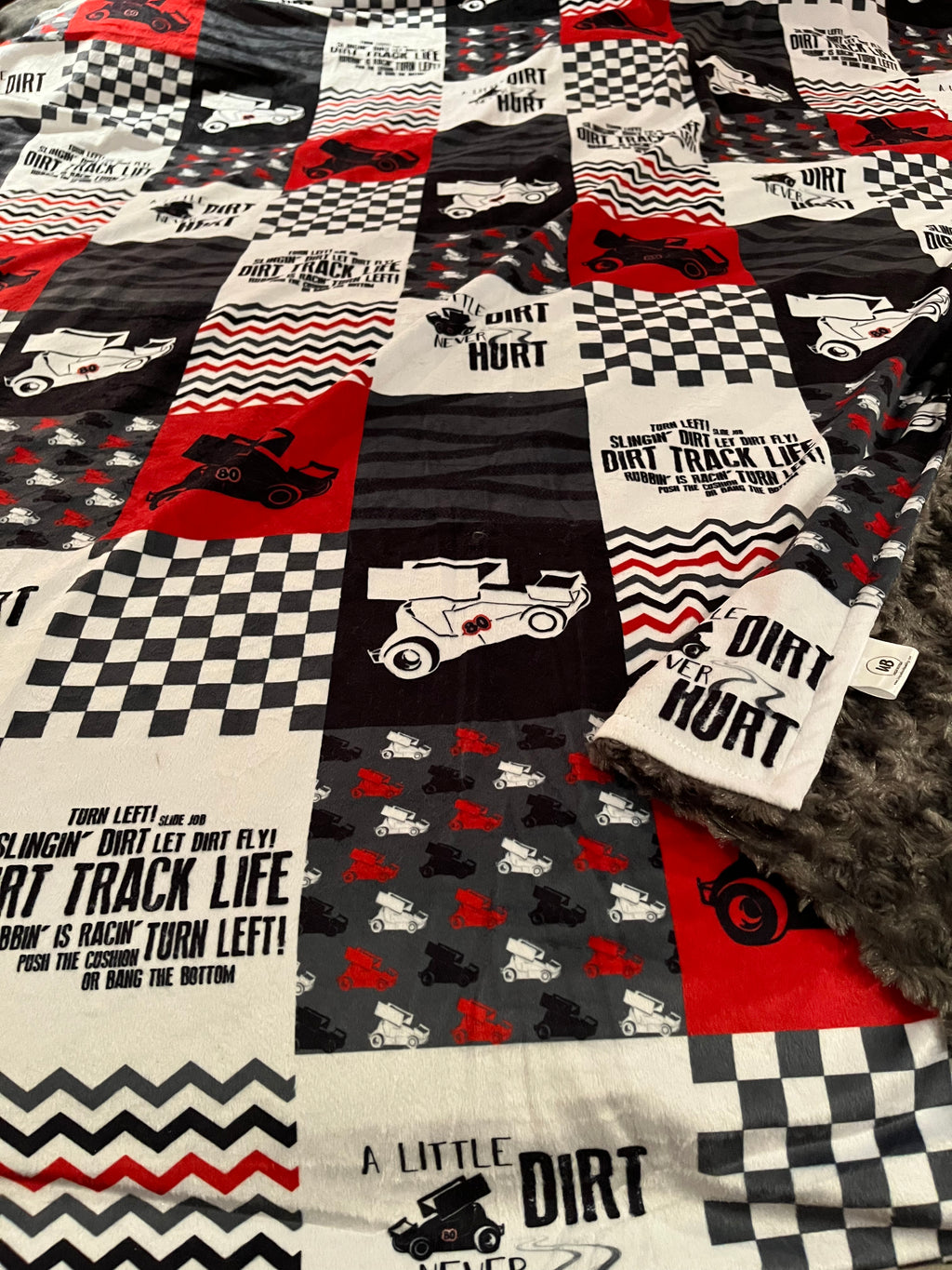 Sprint Cars & Dirt Never Hurt on Red Quilt Blocks Minky Blanket **Ready to Ship