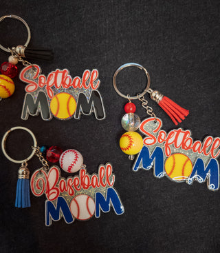 Baseball Mom Silver Sparkle Keychain - Red & Blue
