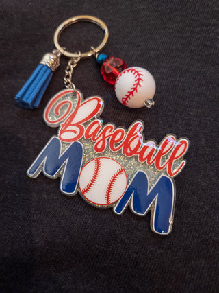 Baseball Mom Silver Sparkle Keychain - Red & Blue