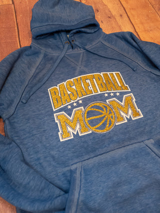 Basketball Mom Rhinestone Blue Fleece Hoodie - Gold Sparkle