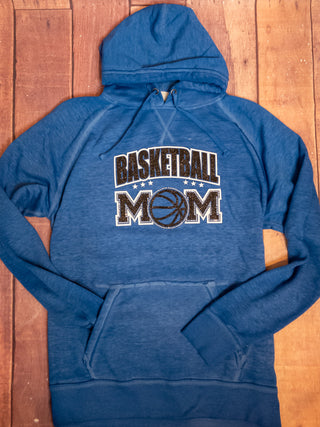 Basketball Mom Rhinestone Blue Fleece Hoodie - Black Sparkle