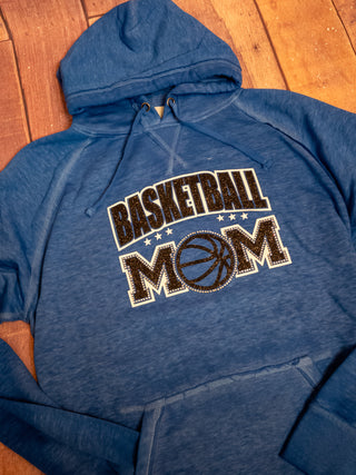 Basketball Mom Rhinestone Blue Fleece Hoodie - Black Sparkle