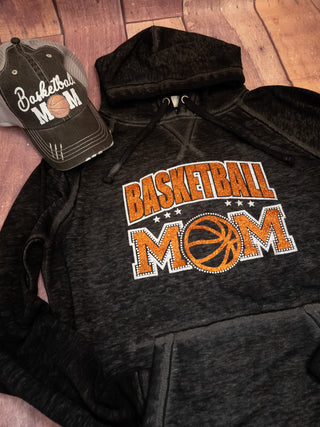 Basketball Mom Rhinestone Black Fleece Hoodie - Orange Sparkle