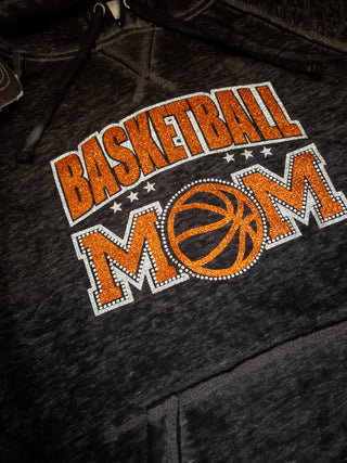 Basketball Mom Rhinestone Black Fleece Hoodie - Orange Sparkle