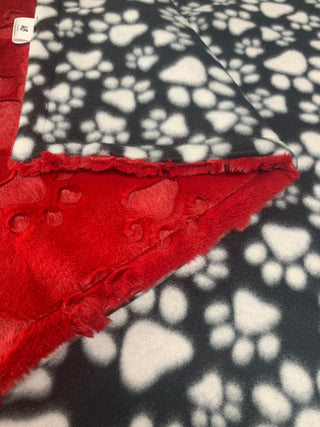 Paw Print Throw Size Blanket w/ Red Paw Print Luxe Minky