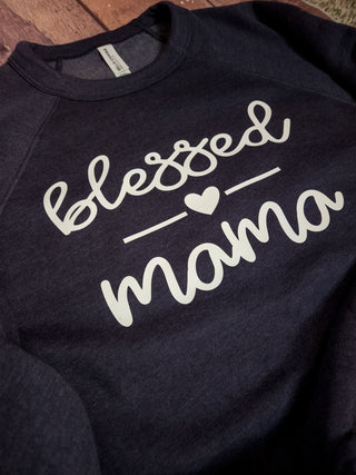 Blessed Mama Heather Navy Raglan Crewneck Sweatshirt