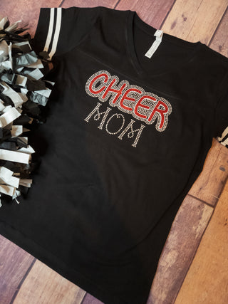 Cheer Mom Rhinestone Black Jersey Tee - Red Sparkle