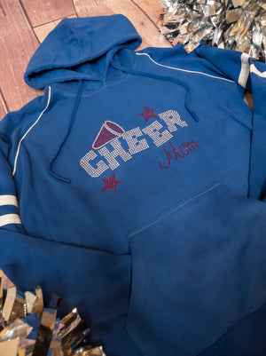 Cheer Mom Rhinestone Blue Varsity Hooded Sweatshirt