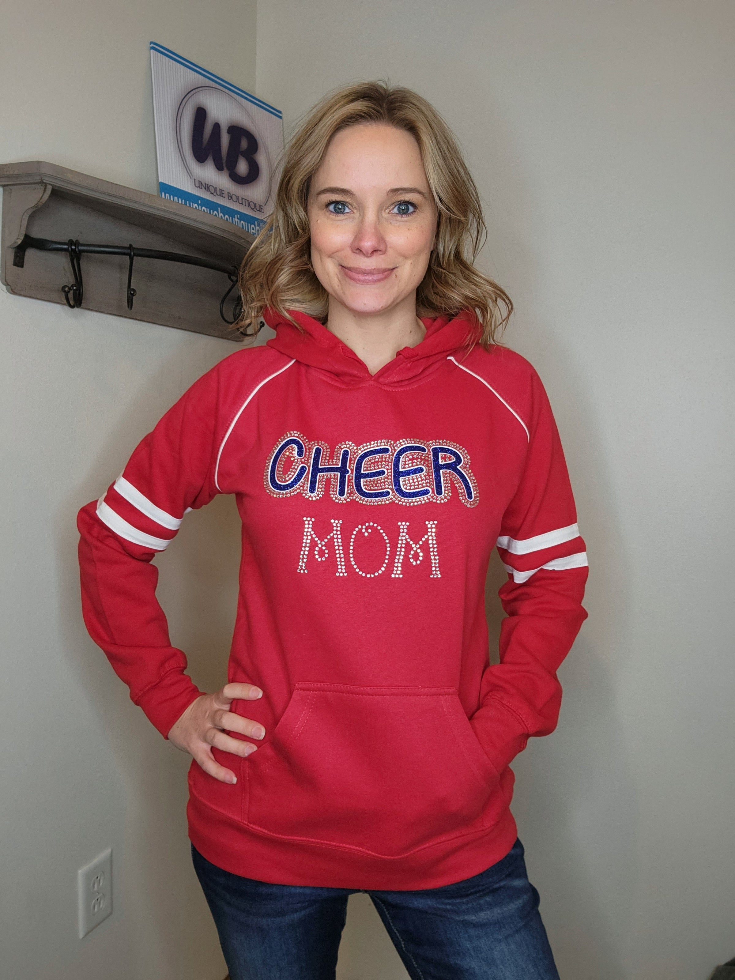 Cheer Mom Rhinestone Red Varsity Hooded Sweatshirt – Unique Boutique
