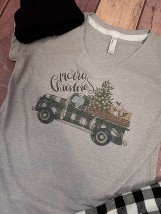 Merry Christmas Buffalo Plaid Truck V-Neck Tee