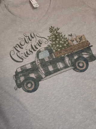 Merry Christmas Buffalo Plaid Truck V-Neck Tee