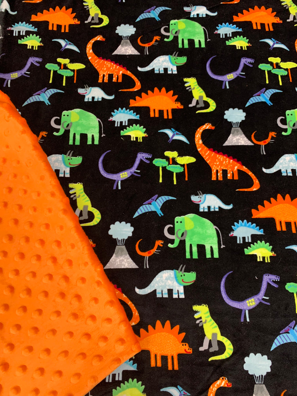 Dinosaurs Blanket with Orange Dimple Dot Minky Backing