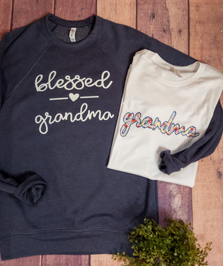 Blessed Grandma Heather Navy Raglan Crewneck Sweatshirt
