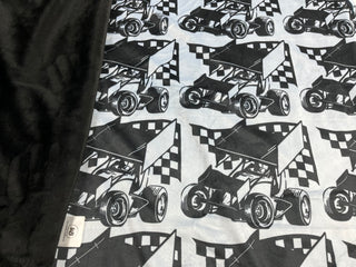 Sprint Cars & Checkered Flags on Grey Minky Blanket