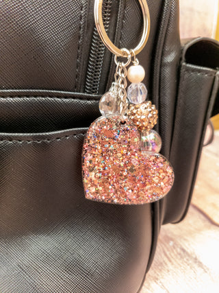 Heart Opal Pink and Gold Sparkle Mix Keychain