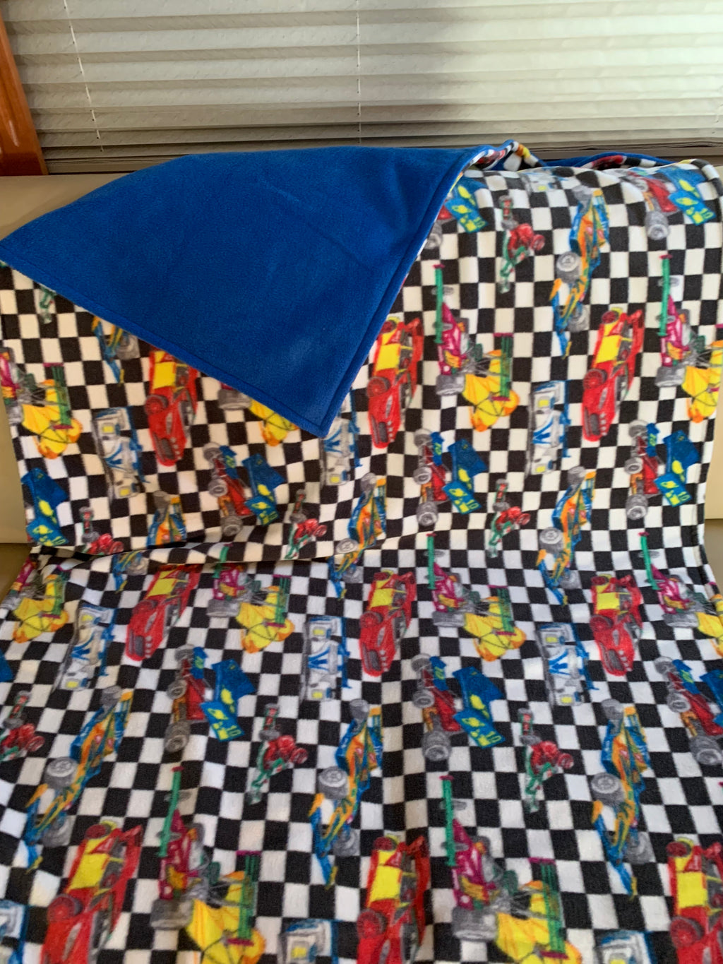 All Race Cars Small Blanket with Royal Blue Fleece