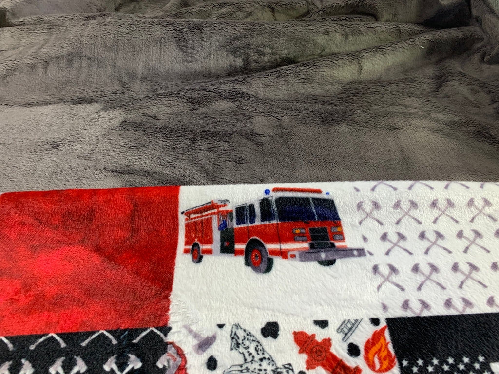 Firefighter Plush Minky Blanket w/Grey Minky XL **Can Personalize