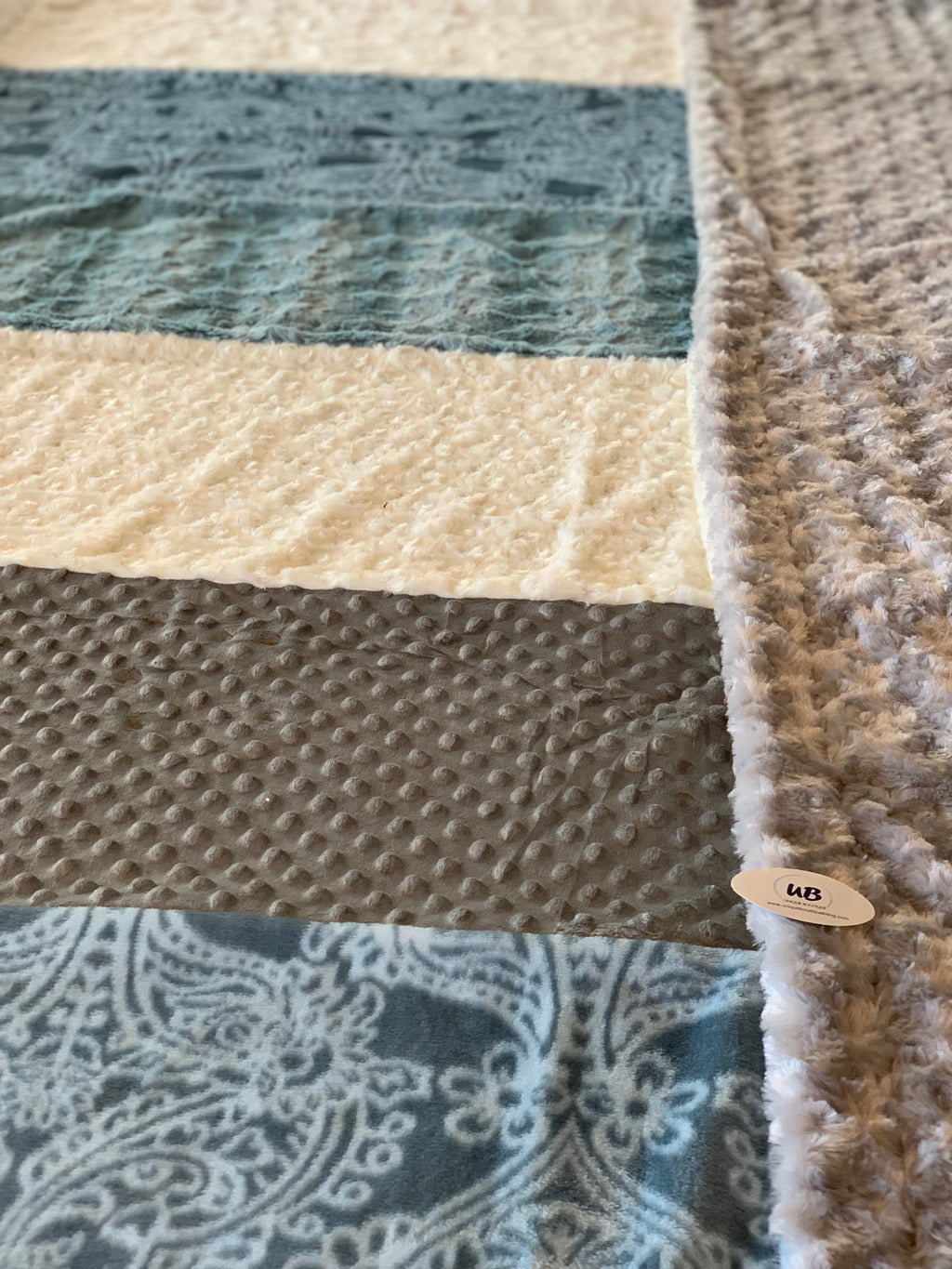Teal Blue Ivory & Grey Minky Cuddle Panel Blanket