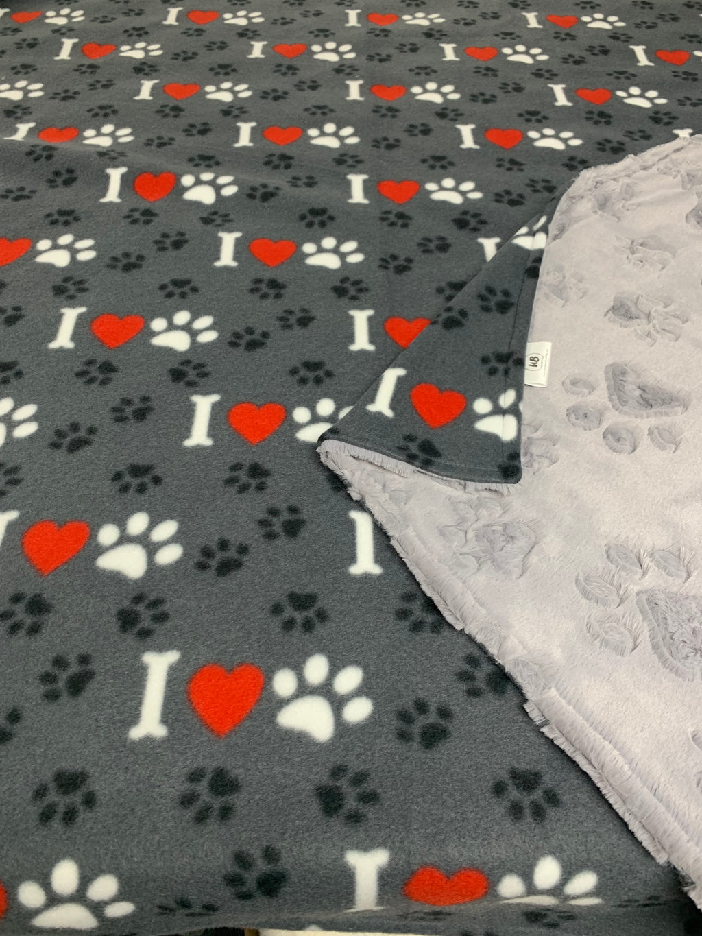 Paws, Hearts & Bones Fleece Blanket w/ Grey Paw Print Embossed Minky