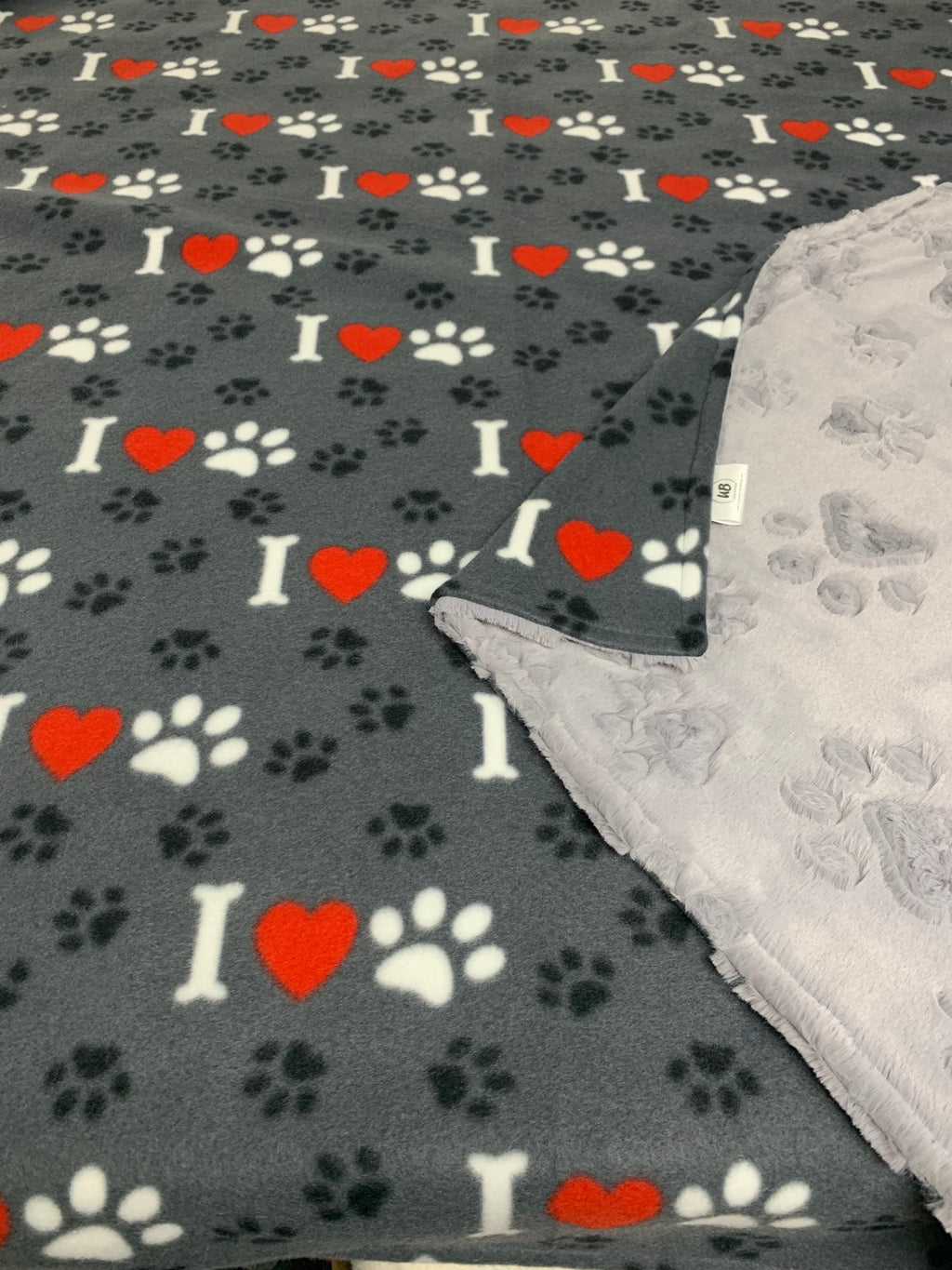 Paws, Hearts & Bones Fleece Blanket w/ Grey Paw Print Embossed Minky *Ready To Ship